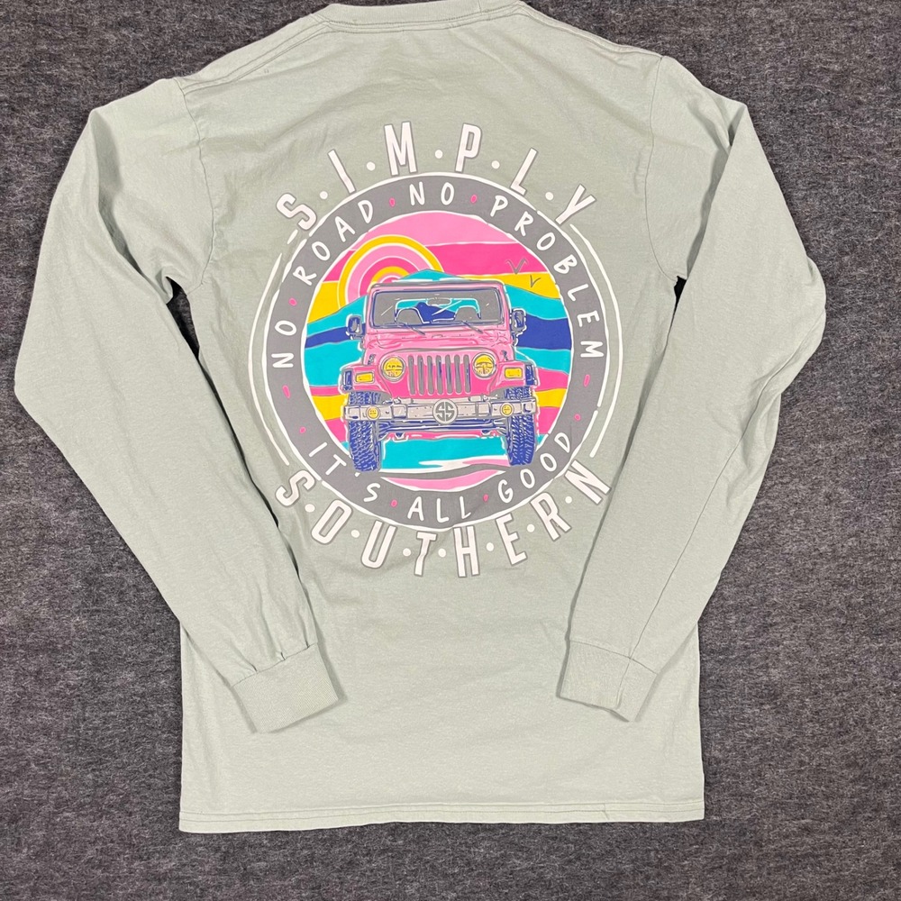 Simply Southern Long Sleeve T-Shirt Small Sage Green‎ Pink Jeep Graphic Tee